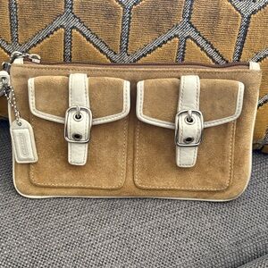 Coach Tan and Cream Suede Wristlet with Buckle Detail